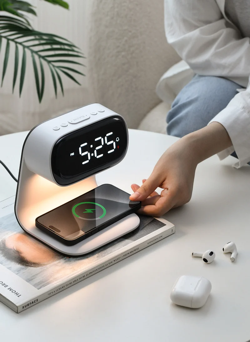 Sharpdo LED Multi-Function 3-In-1 Night Light Alarm Clock with Wireless Charging, Imitation Wood Grain Wireless Charging Bedside Lamp, Colorful Clock Display