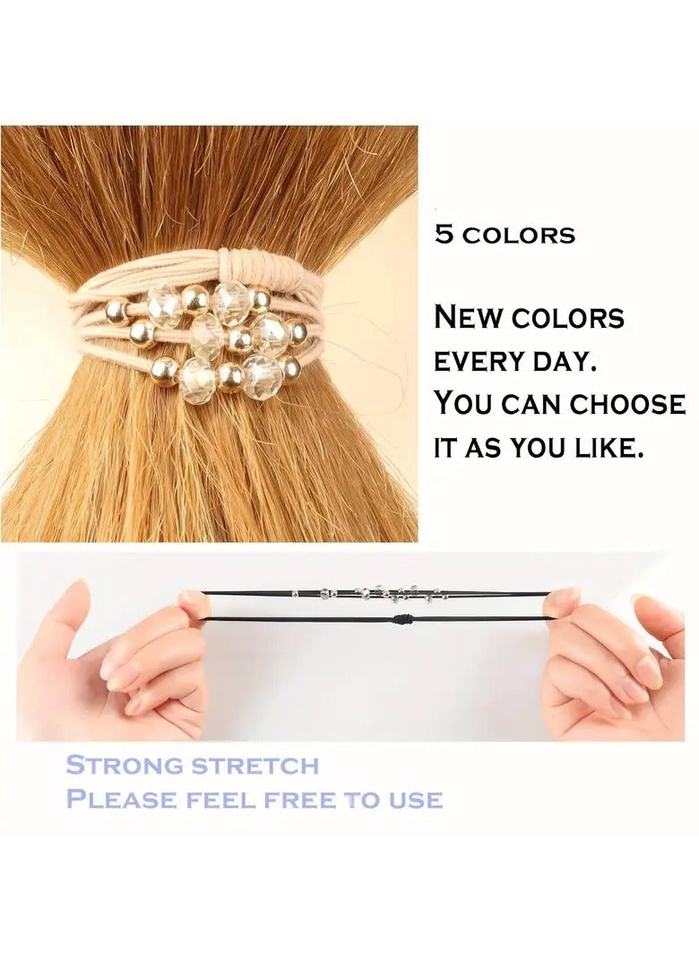 Goolsky 5PCS Bohemian Bracelet Headband Rhinestone Imitation Pearl Hair Rope Hair Ring Cute Headband No Damage Hair Rope Girl Exquisite Hair Rope - Image 2
