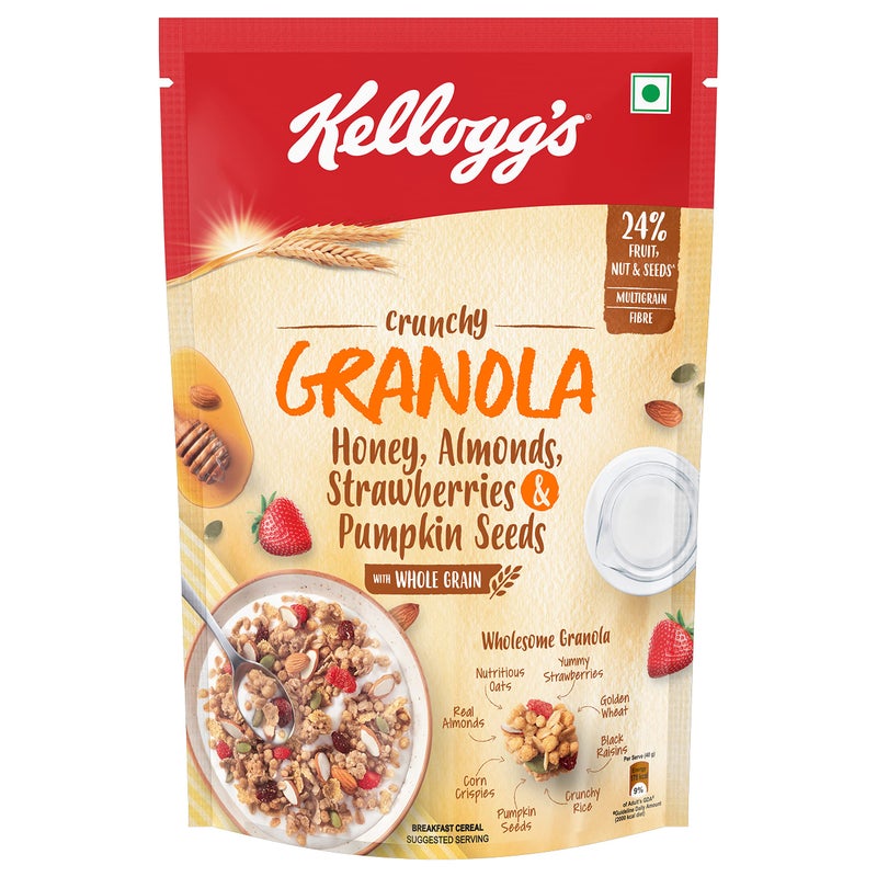 Kellogg's Crunchy Granola Honey, Almonds, Strawberries & Pumpkin Seeds 450g | 24% Fruit, Nut & Seeds, Baked Multigrain | Source of Fibre | Breakfast Cereal - Image 1