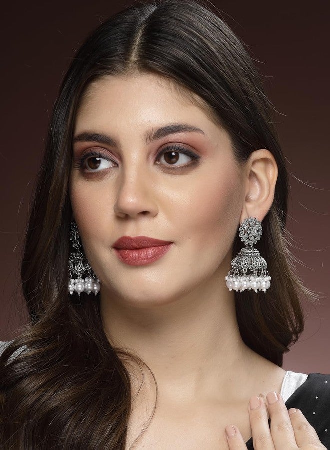 ADIVA Gold-Plated Red Hand Painted Pearl & Stone Studded Floral Shaped Jhumka Earrings Set for women, Traditional Stylish Jhumka for Girls Party, Wedding, Festive - Image 3