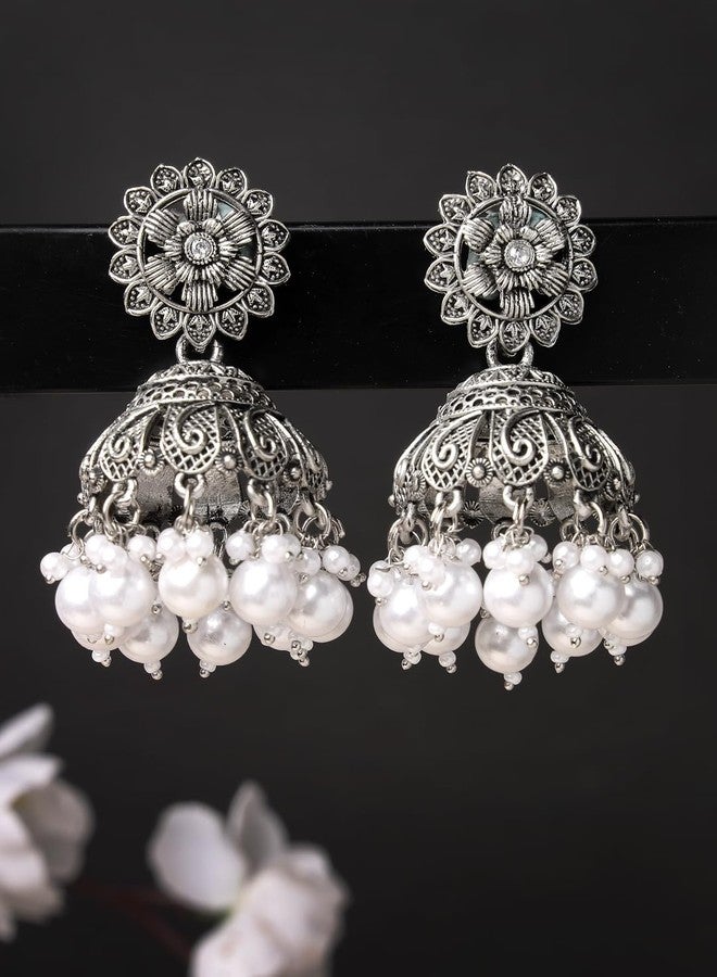 ADIVA Gold-Plated Red Hand Painted Pearl & Stone Studded Floral Shaped Jhumka Earrings Set for women, Traditional Stylish Jhumka for Girls Party, Wedding, Festive - Image 4