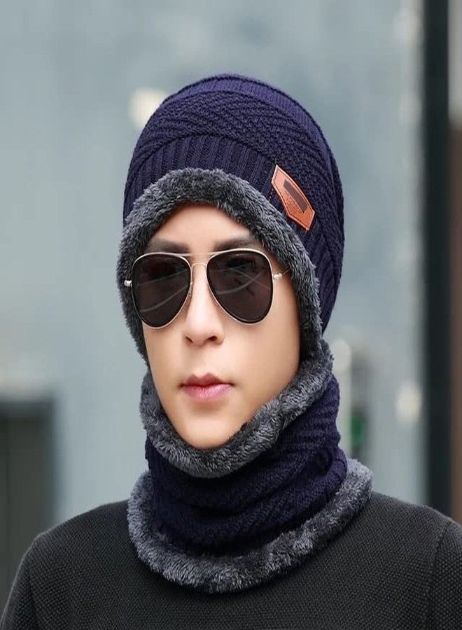 REFFER Winter Woolen Beanie Cap Scarf (Soft Fur Inside) and Touch Screen Gloves Set for Women and Men Winter Cap | Winter Cap for Men | Winter Woolen Cap for Men | Winter Cap (Navy Blue) - Image 3
