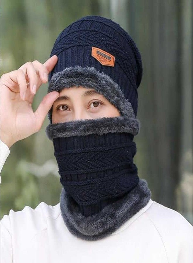 REFFER Winter Woolen Beanie Cap Scarf (Soft Fur Inside) and Touch Screen Gloves Set for Women and Men Winter Cap | Winter Cap for Men | Winter Woolen Cap for Men | Winter Cap (Navy Blue) - Image 4