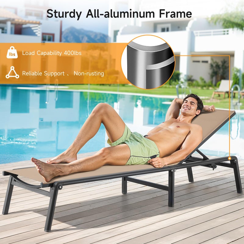 ONBRILL Aluminum Chaise Lounge Chair Outdoor, Foldable & Assembly Free Outdoor Lounge Chair with 5 Position Adjustable Backrest, Patio Pool Lounge Chairs for Outside Poolside Beach Lawn, 1PC, Khaki - Image 4