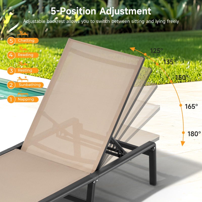 ONBRILL Aluminum Chaise Lounge Chair Outdoor, Foldable & Assembly Free Outdoor Lounge Chair with 5 Position Adjustable Backrest, Patio Pool Lounge Chairs for Outside Poolside Beach Lawn, 1PC, Khaki - Image 5