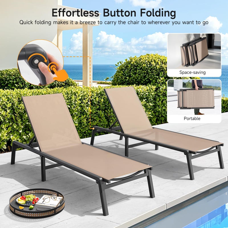 ONBRILL Aluminum Chaise Lounge Chair Outdoor, Foldable & Assembly Free Outdoor Lounge Chair with 5 Position Adjustable Backrest, Patio Pool Lounge Chairs for Outside Poolside Beach Lawn, 1PC, Khaki - Image 2