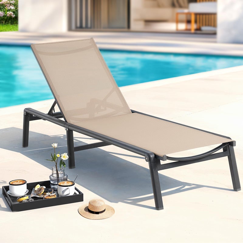 ONBRILL Aluminum Chaise Lounge Chair Outdoor, Foldable & Assembly Free Outdoor Lounge Chair with 5 Position Adjustable Backrest, Patio Pool Lounge Chairs for Outside Poolside Beach Lawn, 1PC, Khaki - Image 1