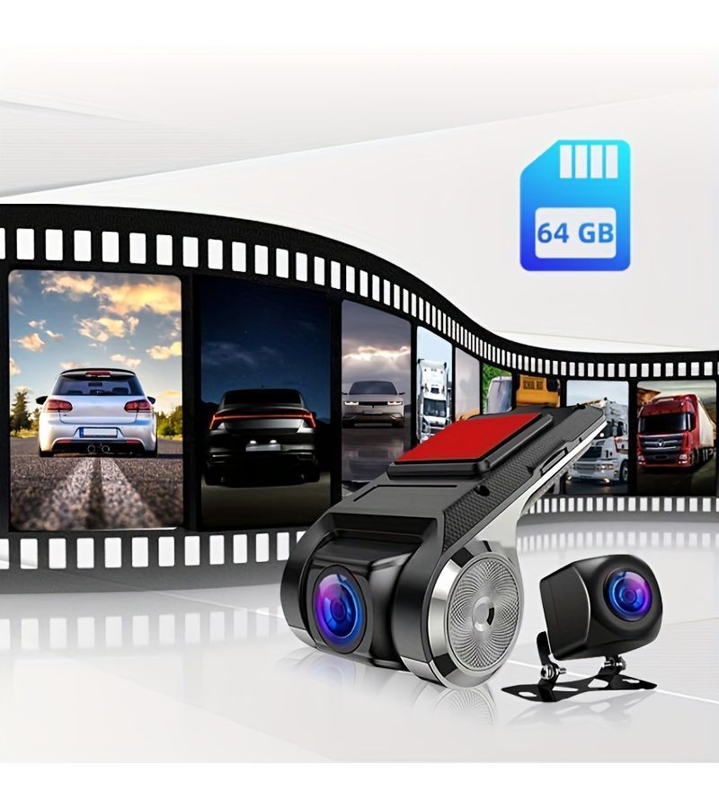 كاميرتان أمامية وخلفية بتقنية 1080P و720P لتسجيل القيادة، زاوية عريضة 130 درجة، تسجيل تلقائي حلقي، نظام مساعدة القيادة ADAS، كشف المسافة الأمامية، تحذير الانحراف عن المسار، مناسبة لجميع موديلات السيارات. - Image 4