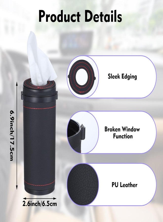 Tobeelec 2 Pcs Leather Round Tissues Container with Tissues Cylinder Tissue Box with Window Breaker for Vehicle Bathroom Office (Black) - Image 3