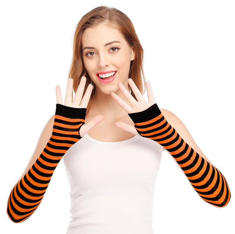 Bienvenu Punk Gothic Rock Long Arm Warmer Fingerless Gloves, BlackOrange - Image 2