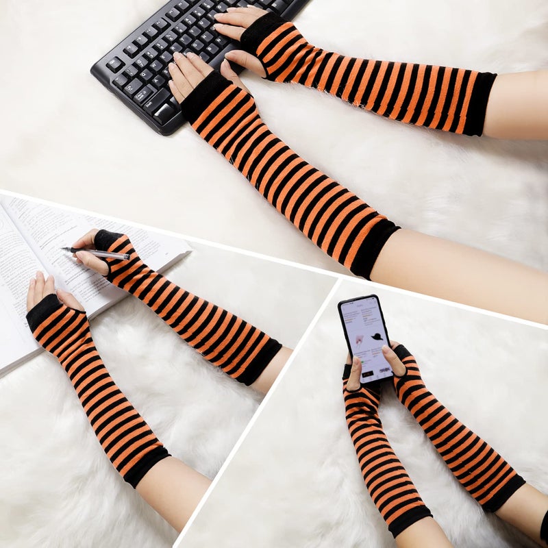 Bienvenu Punk Gothic Rock Long Arm Warmer Fingerless Gloves, BlackOrange - Image 4