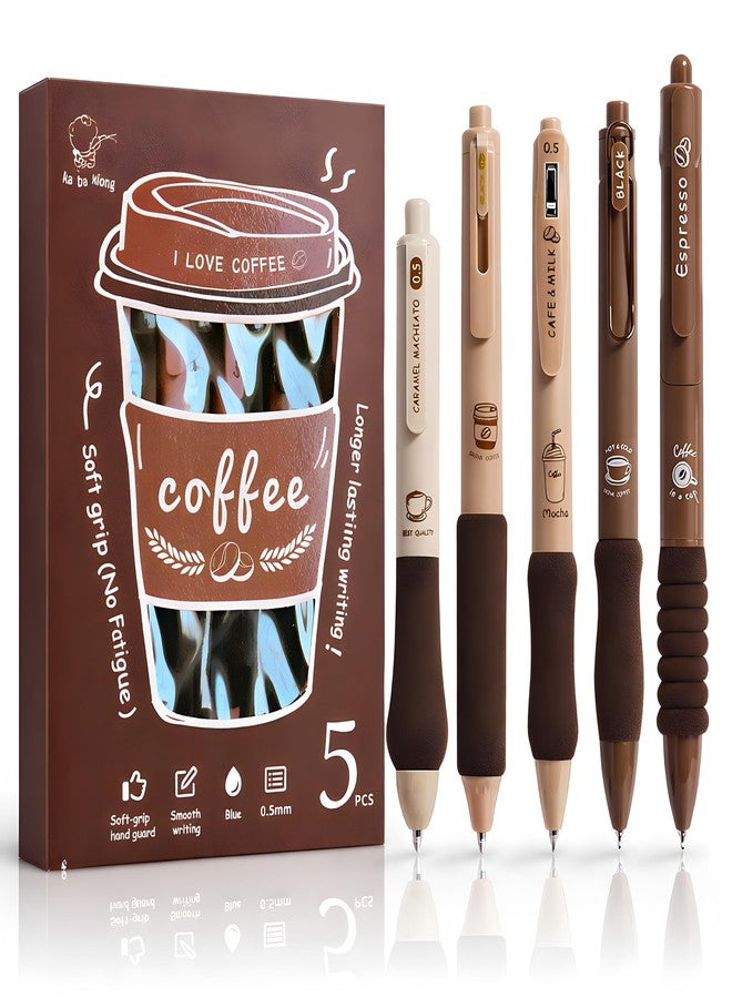Toyshine Coffee Theme 5 Pc Retractable Quick Dry Ink 0.5mm Fine Gel Point Blue Ink Kawaii Smooth Writing Aesthetic pretty pens for Party Favor Return Gift - Image 1