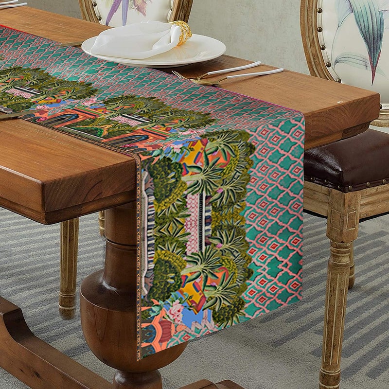 homewards Digitally Printed Royal Garden Aqua Table Runner Size 13X72 inches