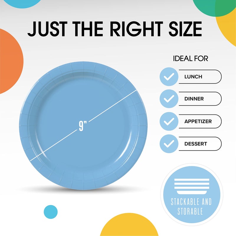 Exquisite Light Blue Paper Plates Disposable Heavy Duty 9 Inch Light Blue Disposable Plates For Party 100 Pcs Heavy Duty Paper Plate 350 GSM  Birthday Party Supplies Plate Set - Image 4
