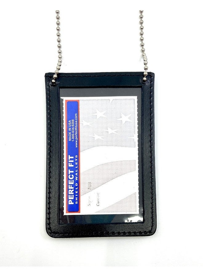 Perfect Fit Shield Wallets Neck Chain Double Sided Id Holder With 2 Clear Picture Id Windows Leather Badge For Credential Pass To Wear Around The Neck For Police Law Enforcement Business Factory Worker (Black) (Vertical) - Image 1
