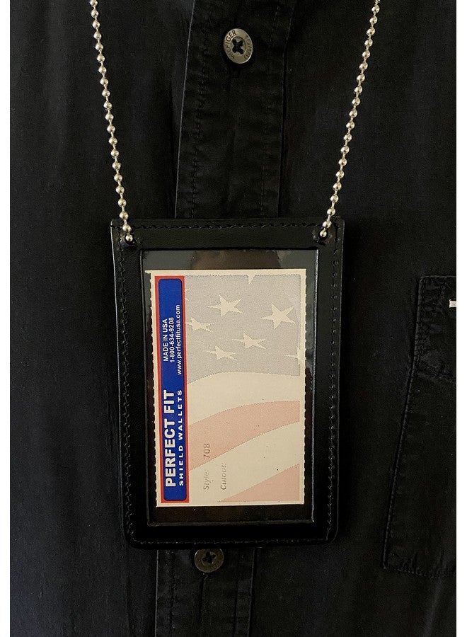 Perfect Fit Shield Wallets Neck Chain Double Sided Id Holder With 2 Clear Picture Id Windows Leather Badge For Credential Pass To Wear Around The Neck For Police Law Enforcement Business Factory Worker (Black) (Vertical) - Image 3