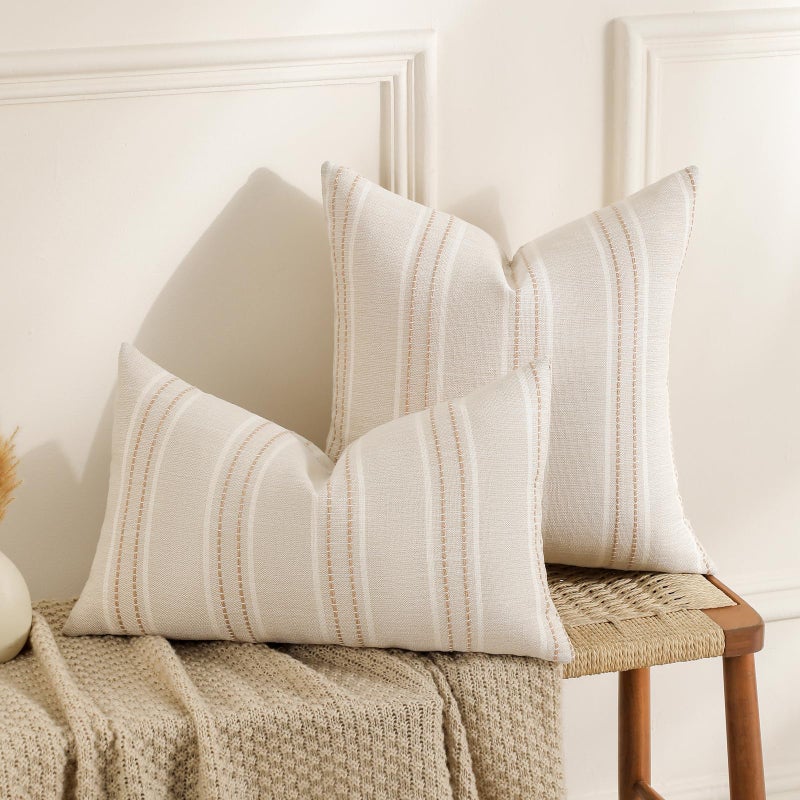 Hckot Throw Pillow Covers 24X24 Set Of 2 Striped Pillow Covers Textured Linen Decorative Pillows Square Cushion Covers For Sofa Couch Bed Living Room Farmhouse Decor - Image 4