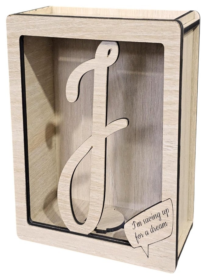 LACUM® Letter Piggy Bank - Custom Wooden Money Bank for Kids & Adults - Sunmica Coated Engineering Wood with Transparent Acrylic Front - Unique Gifts (Letter J) - Image 1
