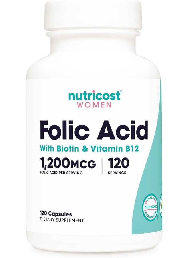 Nutricost Folic Acid For Women (Vitamin B9) 1200 Mcg, 120 Capsules, With B12 And Biotin, Veggie Caps, Non-Gmo & Gluten Free - Image 1