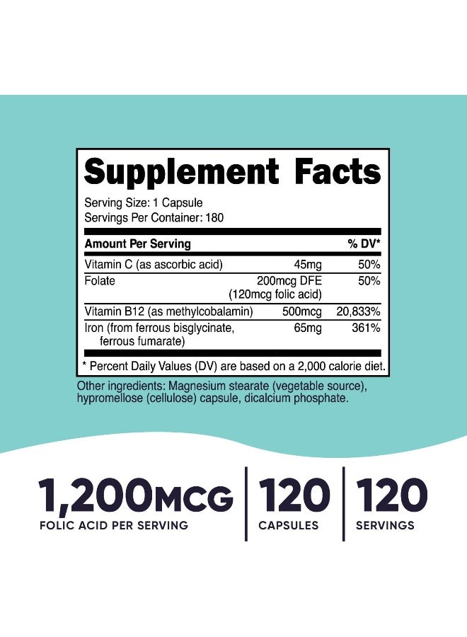Nutricost Folic Acid For Women (Vitamin B9) 1200 Mcg, 120 Capsules, With B12 And Biotin, Veggie Caps, Non-Gmo & Gluten Free - Image 2