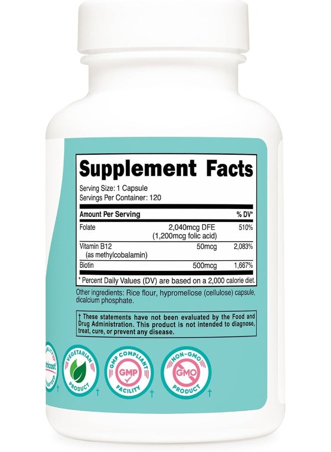 Nutricost Folic Acid For Women (Vitamin B9) 1200 Mcg, 120 Capsules, With B12 And Biotin, Veggie Caps, Non-Gmo & Gluten Free - Image 5