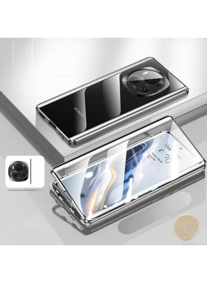 Honor Magic 6 Pro حافظة هاتف، مغناطيسية + إطار معدني حافظة هاتف قابلة للطي، غطاء زجاجي مقوى شفاف للأمام والخلف، حافظة هاتف بحماية كاملة للجسم بزاوية 360 درجة - Image 3