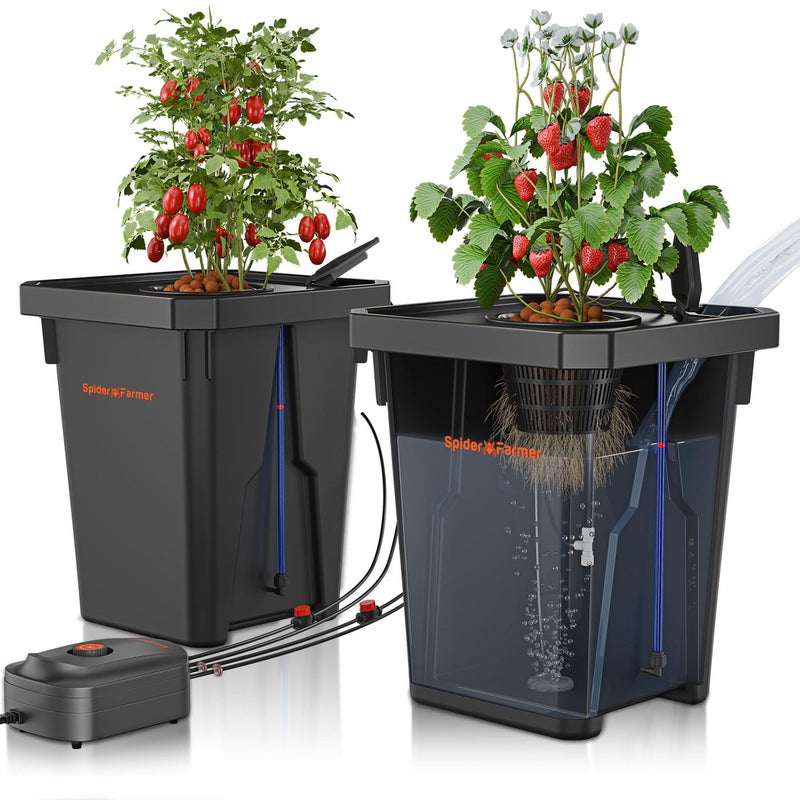 Spider Farmer DWC Hydroponics Grow System with 7Gallon Deep Water Culture New Triangular Cover Design Recirculating Drip Garden System with Top Drip Kit 8W Air Pump 2 Buckets