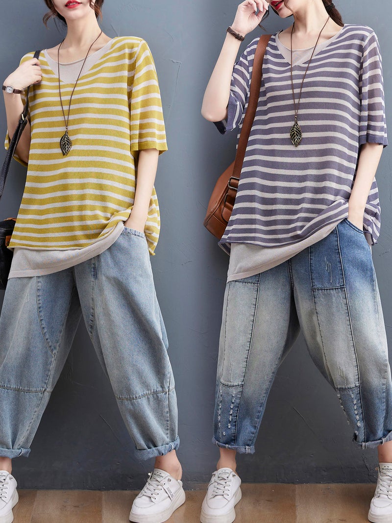 Women Loose Knitted T-shirt Half Sleeve Striped Casual Pullovers - Image 2