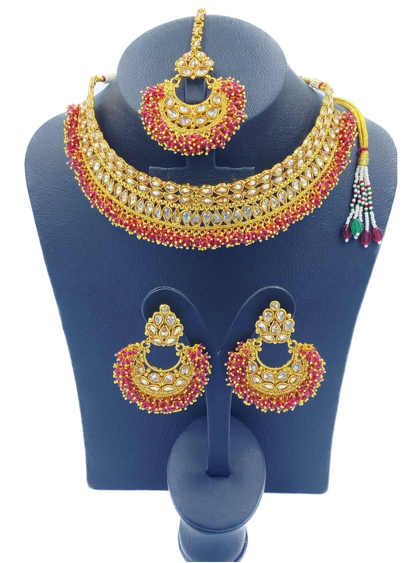 جوهونا قلادة مجوهرات هندية تقليدية من GOHONA Royal Bling Bollywood مع مجموعة أقراط و 1 Tikka باللون الأرجواني  - Image 2