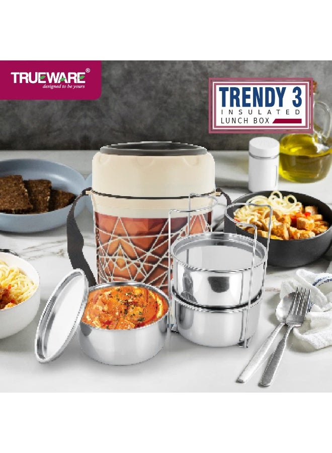Trueware Trendy 3 Lunch Box with 3 Stainless Steel Container,300ml X3 Brown | PU Insulated | Lunch Box |Tiffin | Hot Lunch Box | Leak Proof - Image 2
