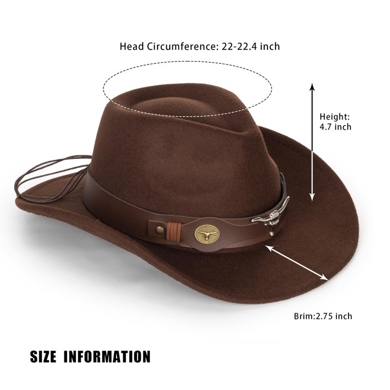 Mealah Women & Men Felt Western Cowboy Hat Classic Roll Up Brim Belt Buckle Cowgirl Fedora (M) - Image 2