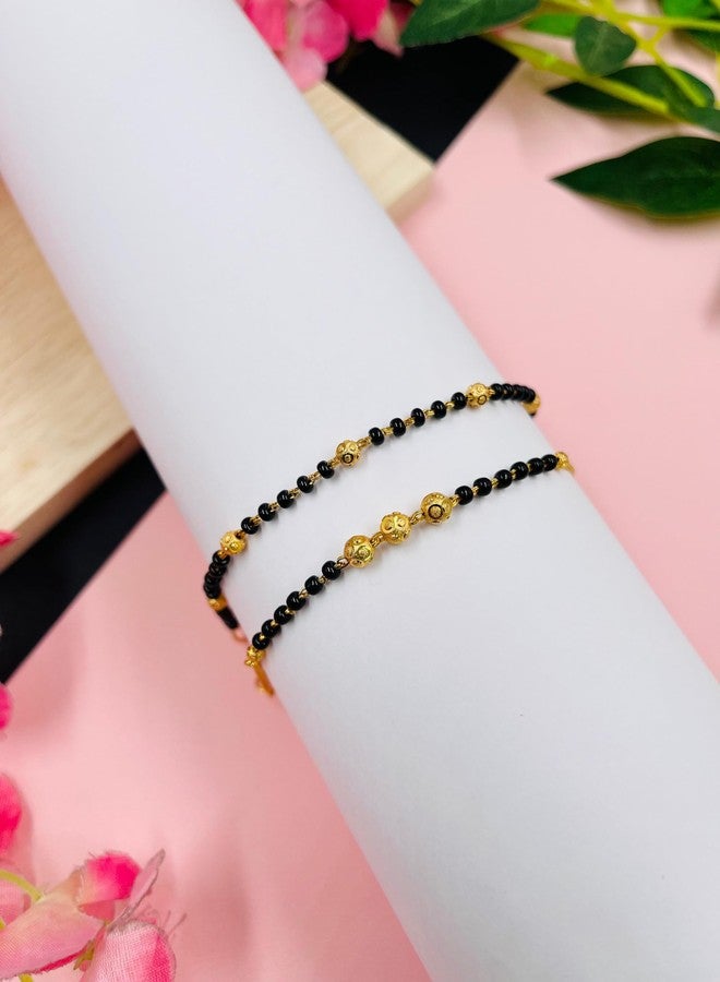 JHB Golden Gold-Plated Brass Bracelet 2 pis Combo for Women (Black Bead Hand Mangalsutra Bracelet) - Image 5