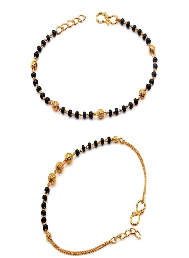 JHB Golden Gold-Plated Brass Bracelet 2 pis Combo for Women (Black Bead Hand Mangalsutra Bracelet) - Image 1
