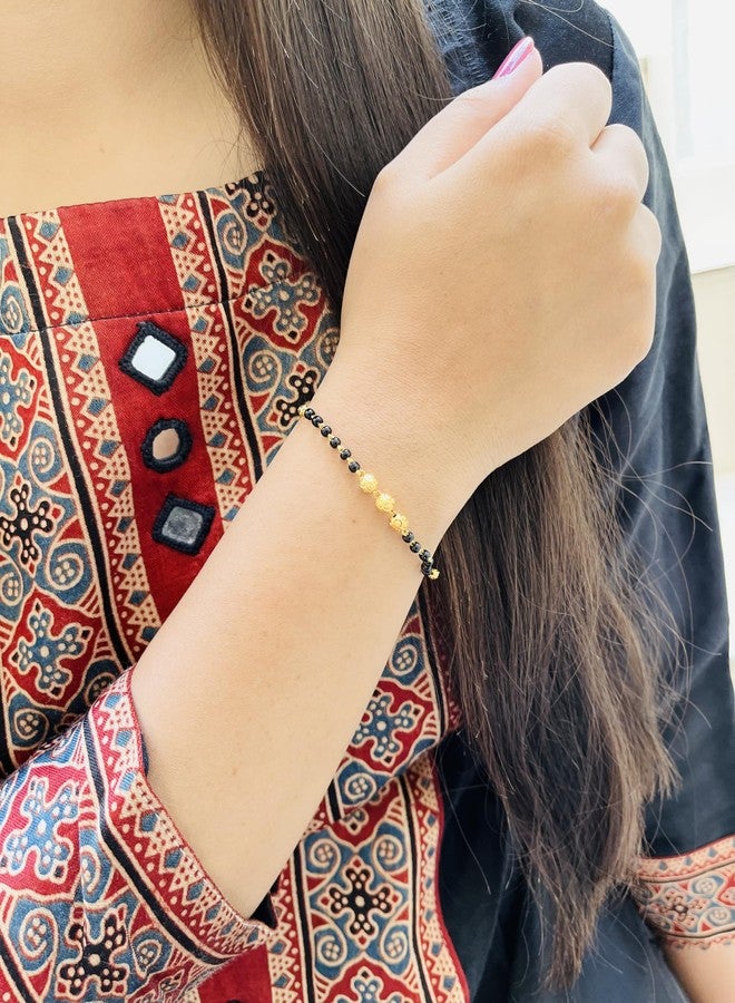 JHB Golden Gold-Plated Brass Bracelet 2 pis Combo for Women (Black Bead Hand Mangalsutra Bracelet) - Image 3