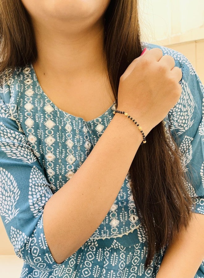 JHB Golden Gold-Plated Brass Bracelet 2 pis Combo for Women (Black Bead Hand Mangalsutra Bracelet) - Image 2