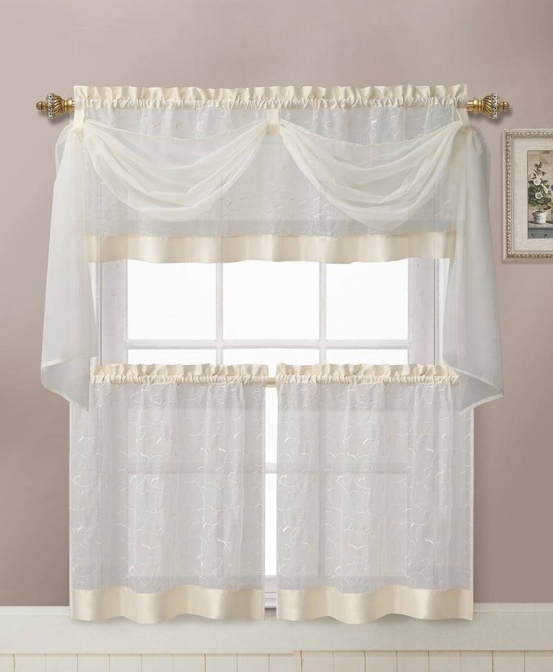 GoodGram Victoria Classics Linen Leaf 4 Piece Kitchen Curtain Set Beige 