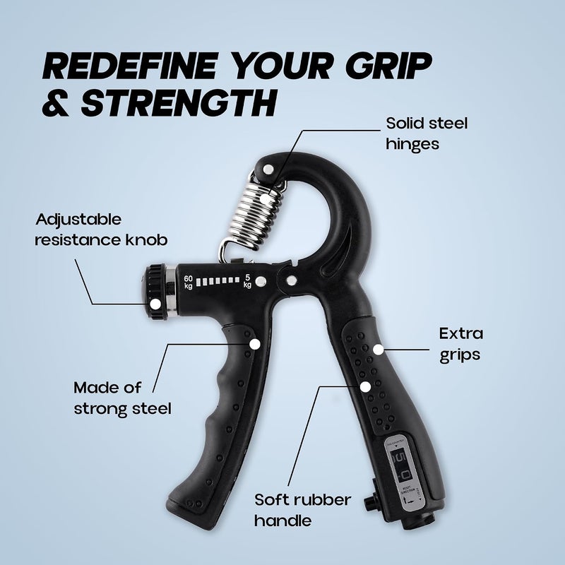 KONEX Hand Gripper with Counter (5-60 kg) Black Anti-Slip Grip Strengthener - Image 4