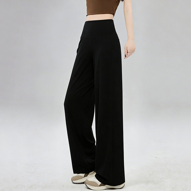 Qi Ta Women's High-Waisted Wide-Leg Yoga Pants with Pockets - Slimming Straight Leg Trousers for Running, Training & Fitness - Image 1