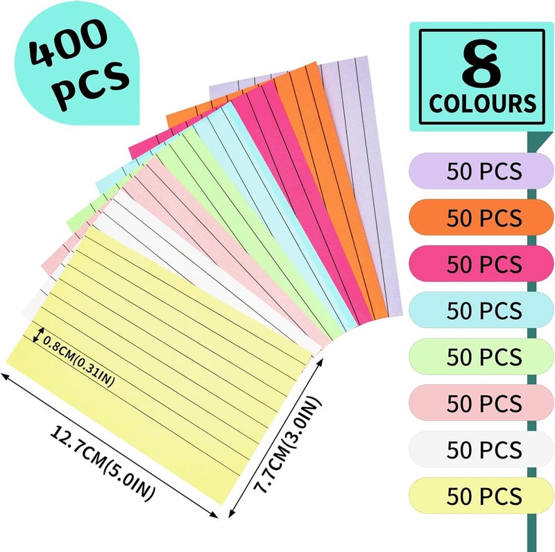 PENPRIS 400PCS Colored Index Cards - 8 Colours 8 Sets 5"x3" One Side Lined One Side Blank - Revision/Record/Flash Note/Study Cards/Memo Scratch Pads/To Do List for Office School Home PAP06MX400 - Image 2