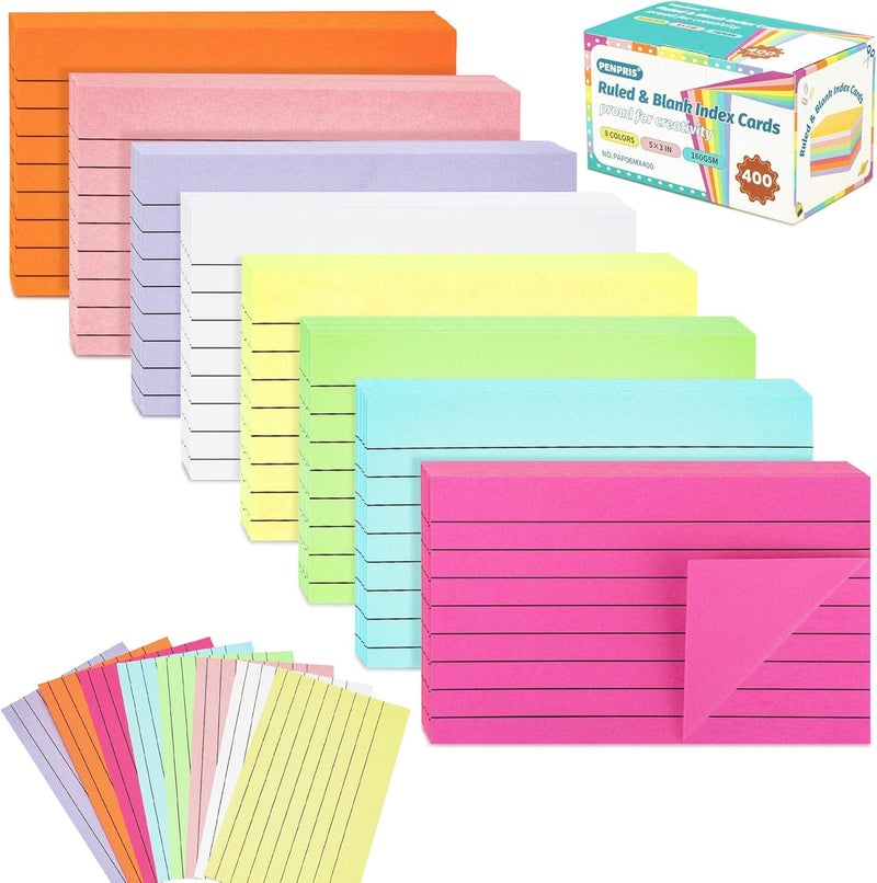 PENPRIS 400PCS Colored Index Cards - 8 Colours 8 Sets 5"x3" One Side Lined One Side Blank - Revision/Record/Flash Note/Study Cards/Memo Scratch Pads/To Do List for Office School Home PAP06MX400 - Image 1