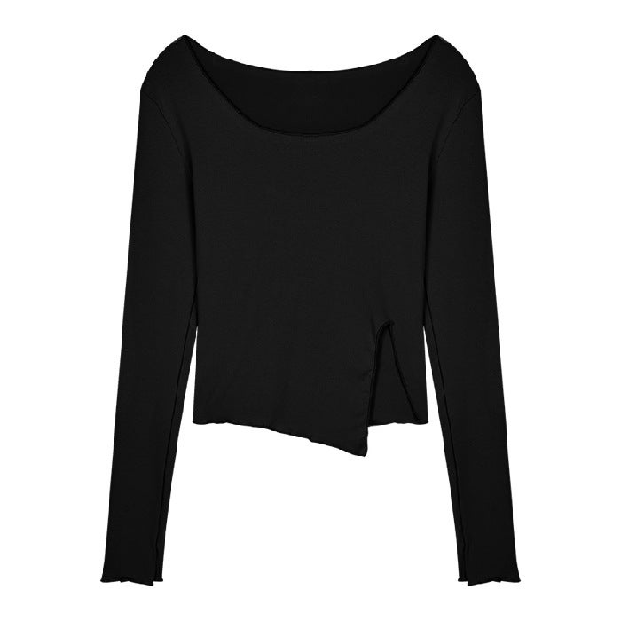 Solid Color T-Shirt for Women, Short Irregular Fit with Slit, Long Sleeves, Inner Layer Base Shirt, 2025 Autumn Slim Fit Top, Trendy - Image 1
