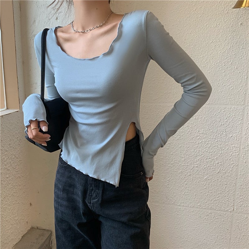 Solid Color T-Shirt for Women, Short Irregular Fit with Slit, Long Sleeves, Inner Layer Base Shirt, 2025 Autumn Slim Fit Top, Trendy - Image 2