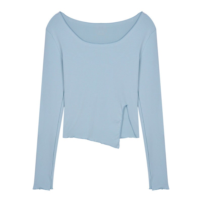 Solid Color T-Shirt for Women, Short Irregular Fit with Slit, Long Sleeves, Inner Layer Base Shirt, 2025 Autumn Slim Fit Top, Trendy - Image 5