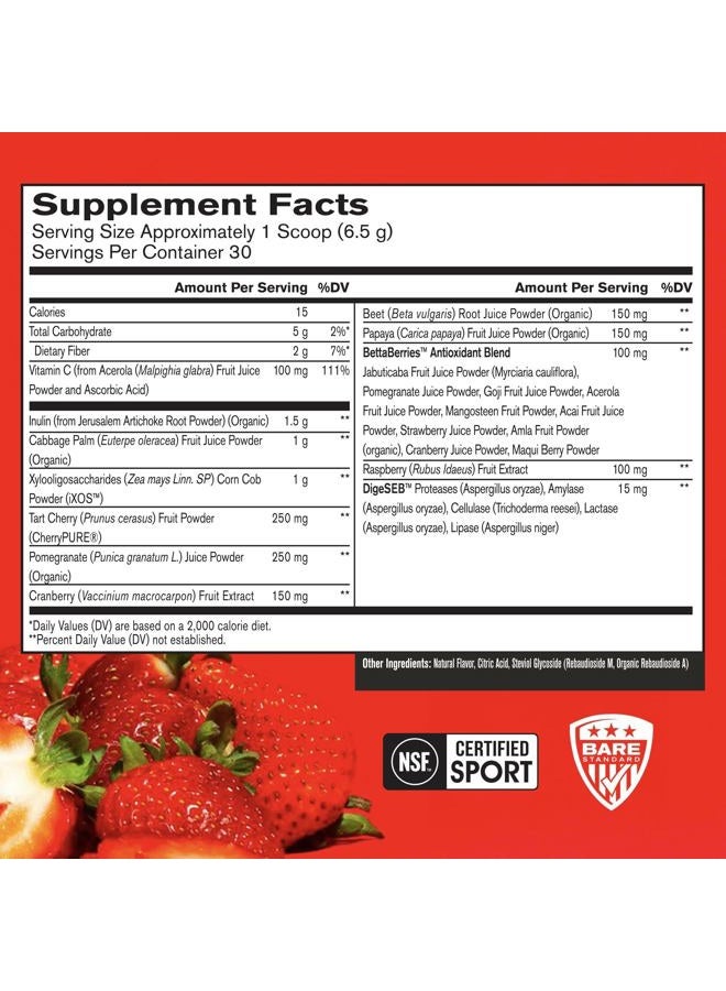 Bare Performance Nutrition بار بيرفورمانس للتغذية، مسحوق سوبر فود سترونغ ريدز، بدون محليات صناعية، مضاد للأكسدة، يعزز الطاقة بشكل طبيعي، مسحوق فواكه، إنزيم هضمي (30 حصة، فراولة) - Image 2