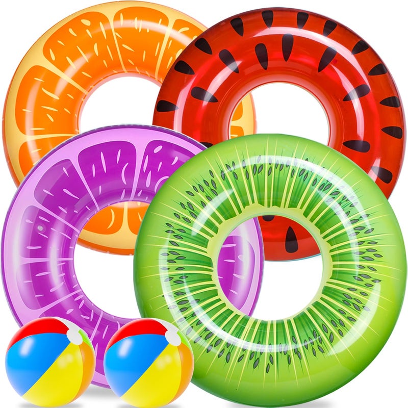 FindUWill 6 Pack Pool Floats Kids, Pool Swim Tubes Rings(4 Pack) - 4Pcs Inflatable Big Floaties Beach Swimming Toys with 2Pcs Beach Balls for Adults Raft Floaties Toddlers - Image 1