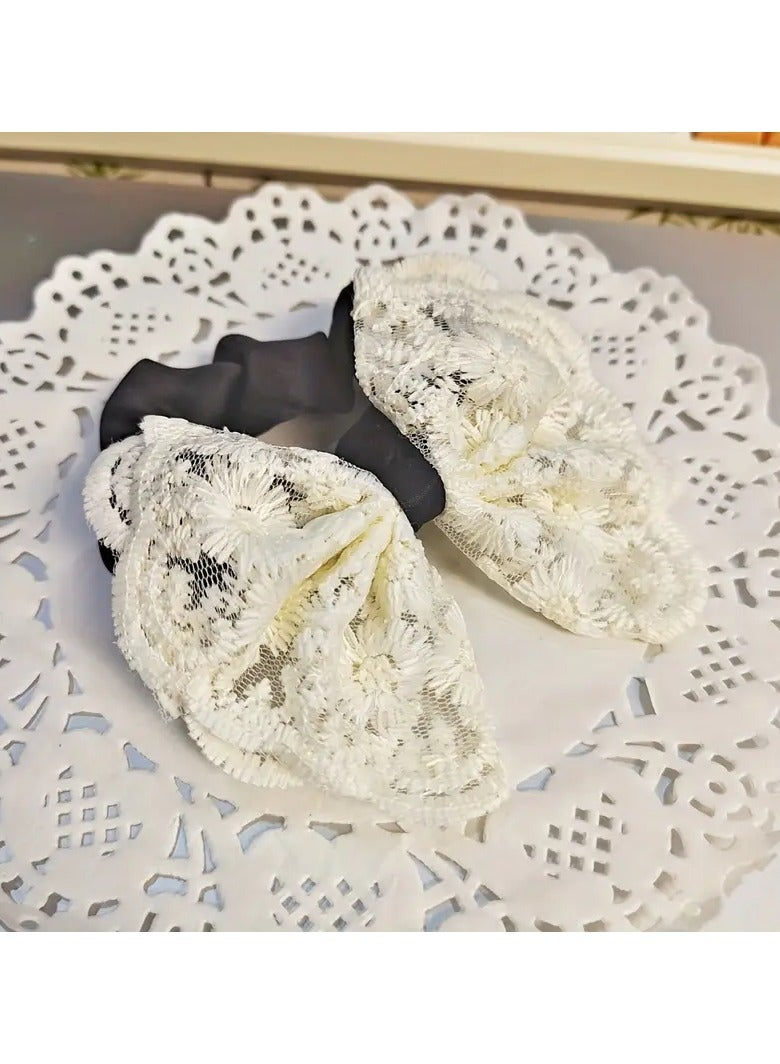 Goolsky Cute Minimalist White Lace Bow Hair Ties - Fabric Hair Rings with Lace Detail, Solid Color, Bow Design, Single Piece - Image 1