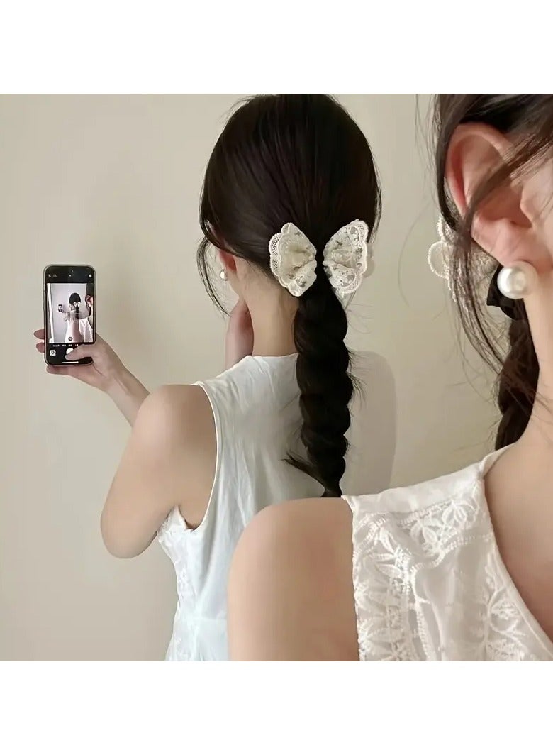 Goolsky Cute Minimalist White Lace Bow Hair Ties - Fabric Hair Rings with Lace Detail, Solid Color, Bow Design, Single Piece - Image 2