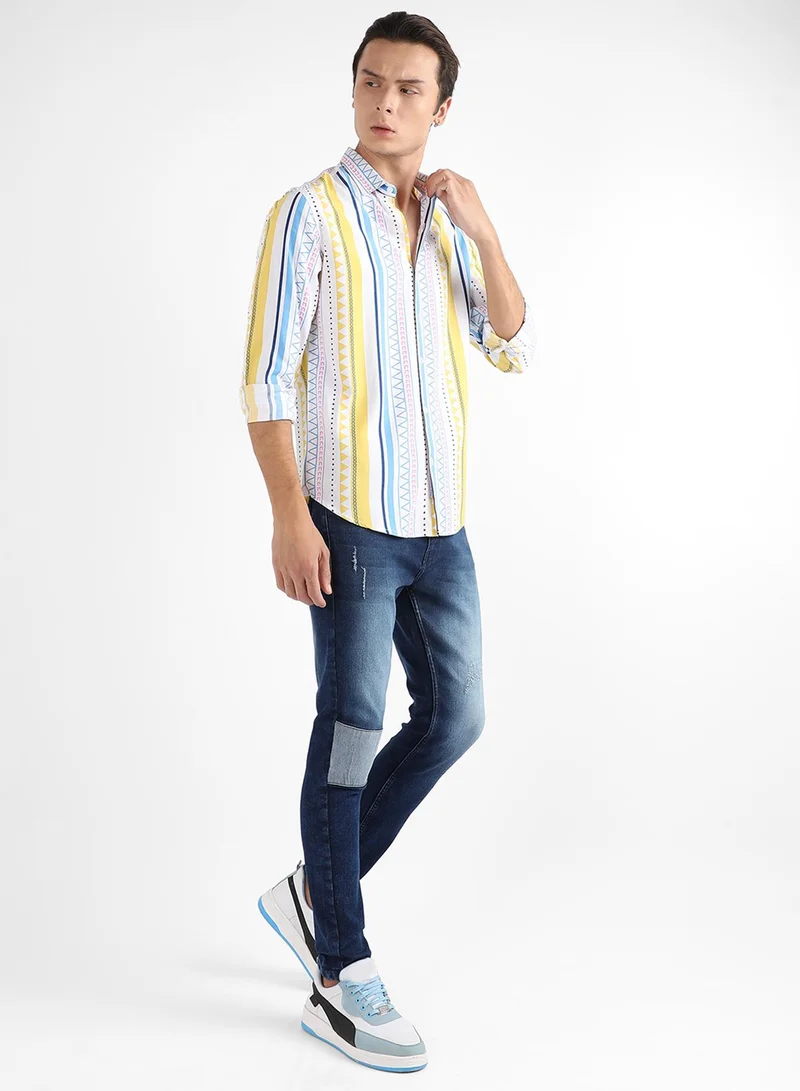 Campus Sutra Campus Sutra Men's Multicolour Geometrical Print Shirt For Casual Wear | Spread Collar | Long Sleeve | Button Closure | Heavy Rayon Shirts Crafted With Comfort Fit For Everyday Wear