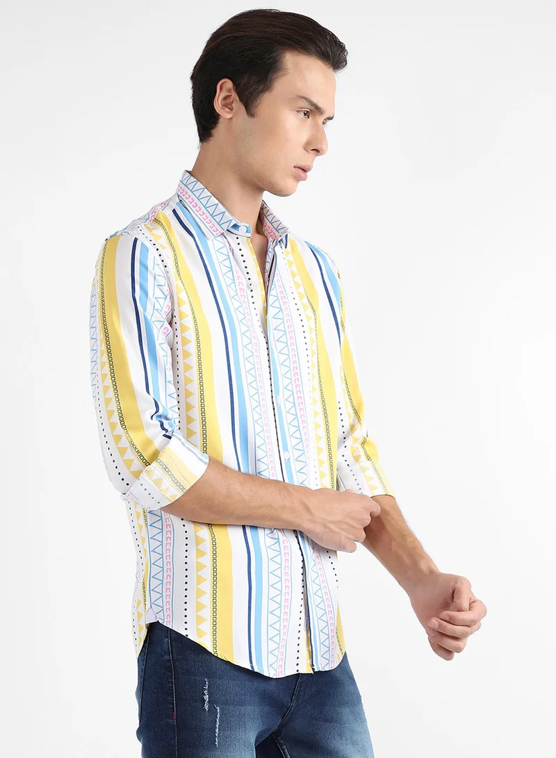 Campus Sutra Campus Sutra Men's Multicolour Geometrical Print Shirt For Casual Wear | Spread Collar | Long Sleeve | Button Closure | Heavy Rayon Shirts Crafted With Comfort Fit For Everyday Wear
