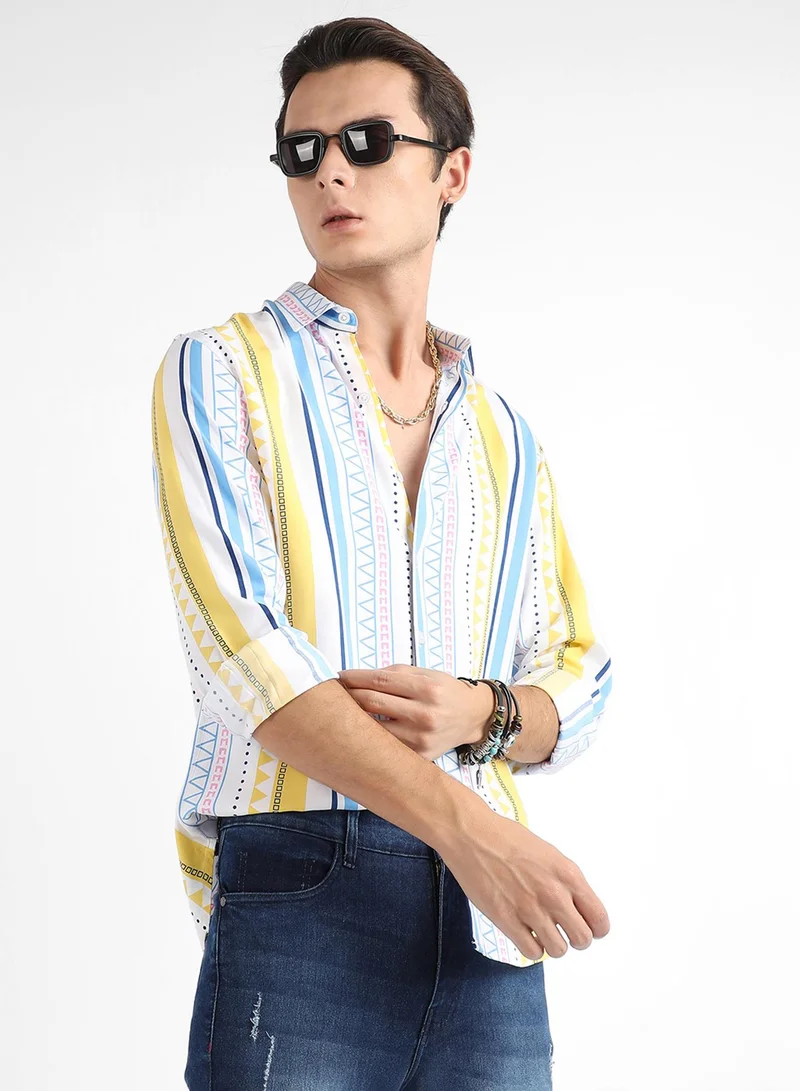 Campus Sutra Campus Sutra Men's Multicolour Geometrical Print Shirt For Casual Wear | Spread Collar | Long Sleeve | Button Closure | Heavy Rayon Shirts Crafted With Comfort Fit For Everyday Wear